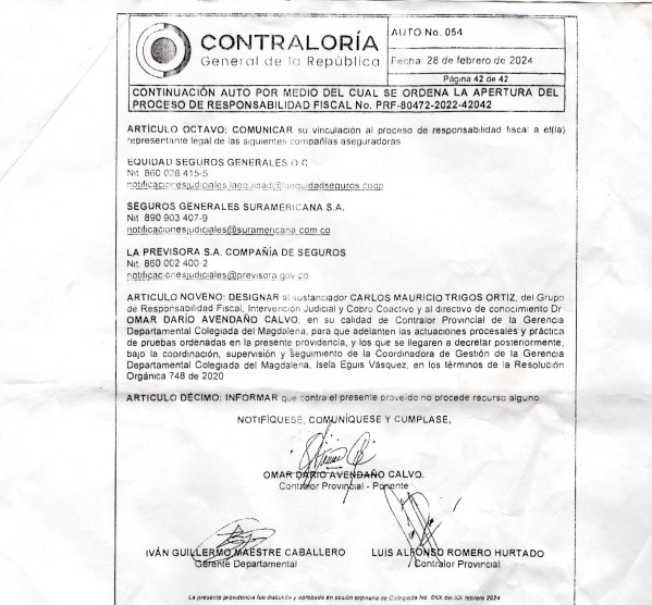 Folio del proceso que demuestra que Omar Avendaño, es el contralor ponente del caso.