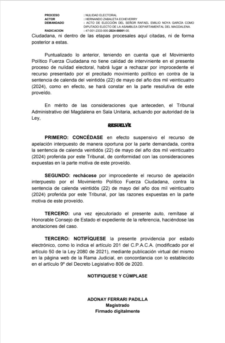 Decisión del Tribunal del Magdalena con respecto al caso de Rafael Noya