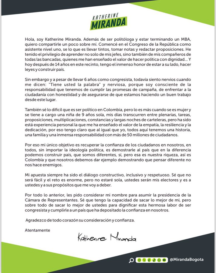 La carta de Katherine Miranda a sus colegas