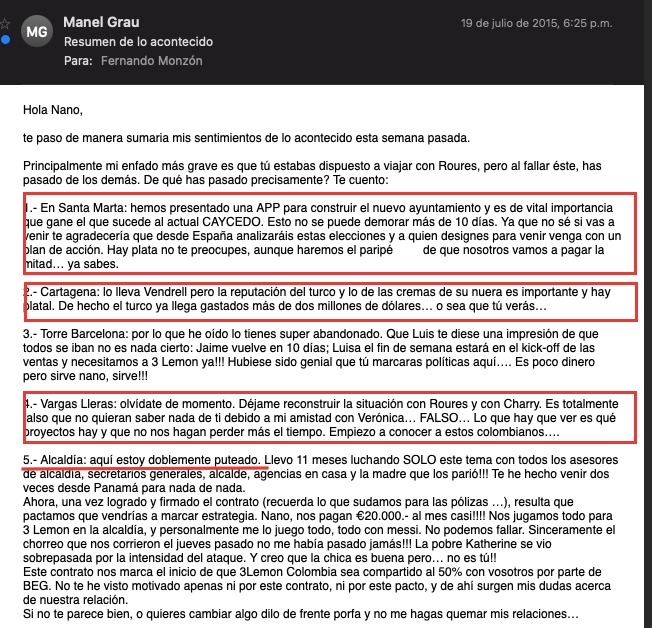 Documento donde se advierte la presunta intención de los españoles de mentir en la financiaciónn de los proyectos en Santa Marta