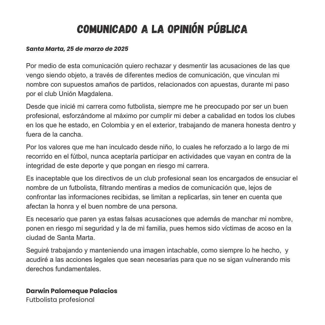 Comunicado Darwin Palomeque