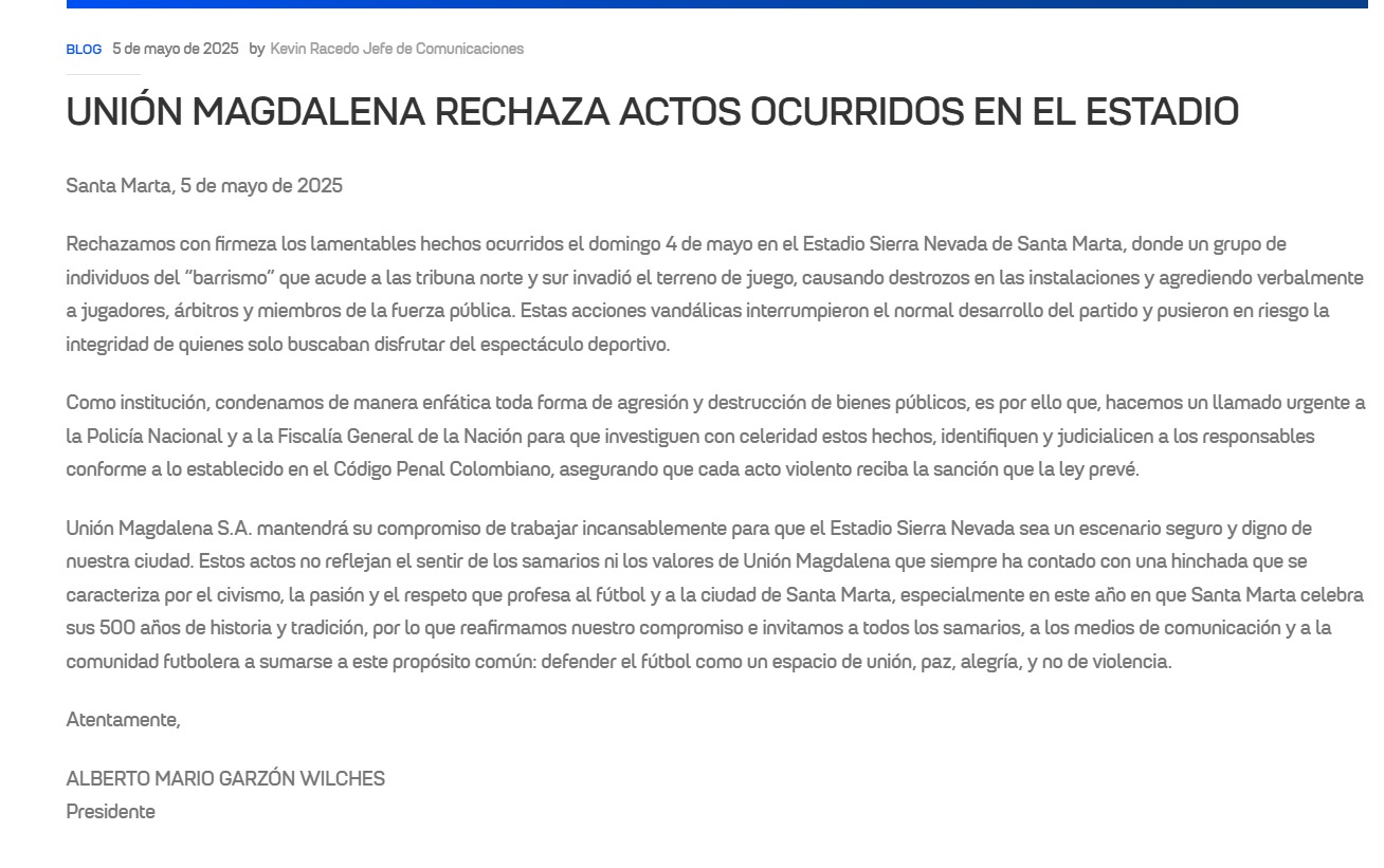 Comunicado del Unión Magdalena.