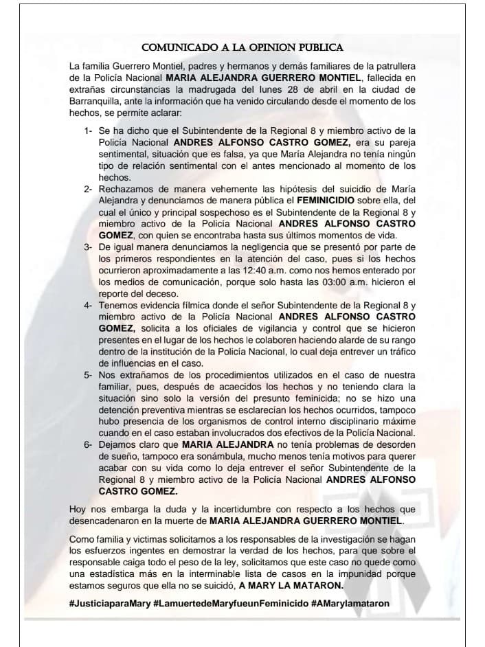 Comunicado de la familia de la patrullera.