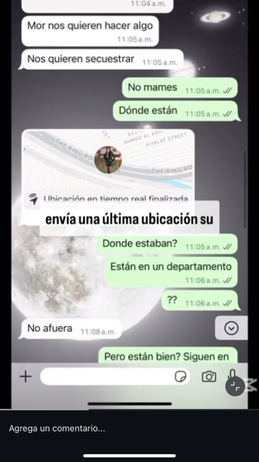 Mensaje de Ivonne Daniela Latorre enviado el 27 de abril, solicitando ayuda y alertando sobre un posible secuestro, 