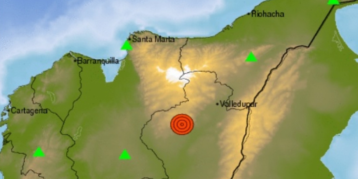 El punto rojo muestra el epicentro del sismo ocurrido esta madrugada en el Cesar.