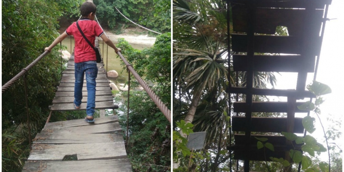 El puente colgante pone en riesgo la vida de los niños que transitan por el sector.