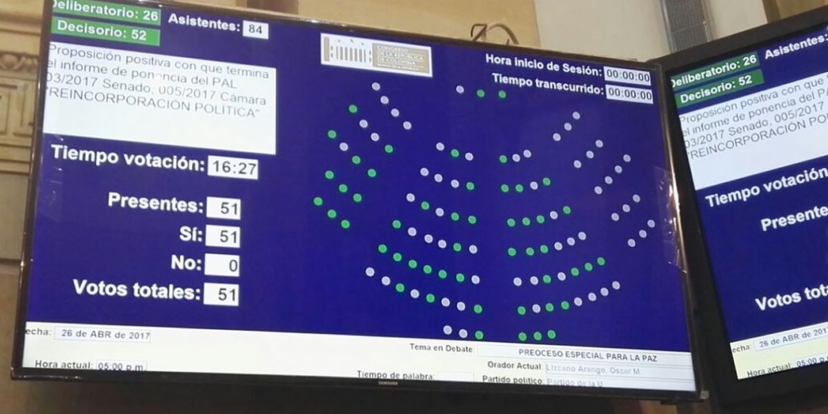 El Senado colombiano aprobó hoy en último debate el acto legislativo de reincorporación política de las FARC