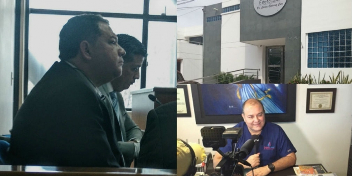 Archivo particular. Carlos Gutiérrez Cure, en una audiencia. En otra foto, fachada de la clínica y una foto durante una entrevista a un medio de televisión.