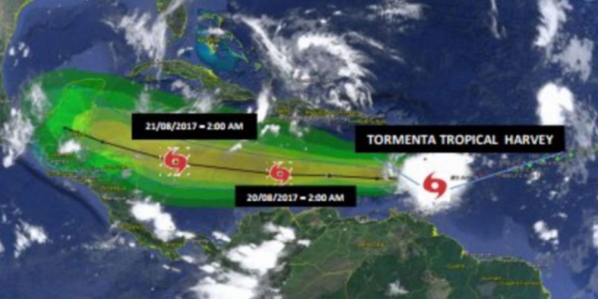 Localización y probable trayectoria de la tormenta Harvey.