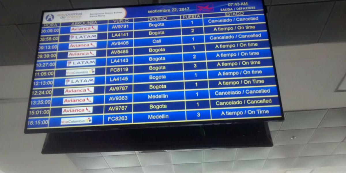 Las pantallas de los vuelos muestran la situación: la mayoría de los vuelos cancelados.