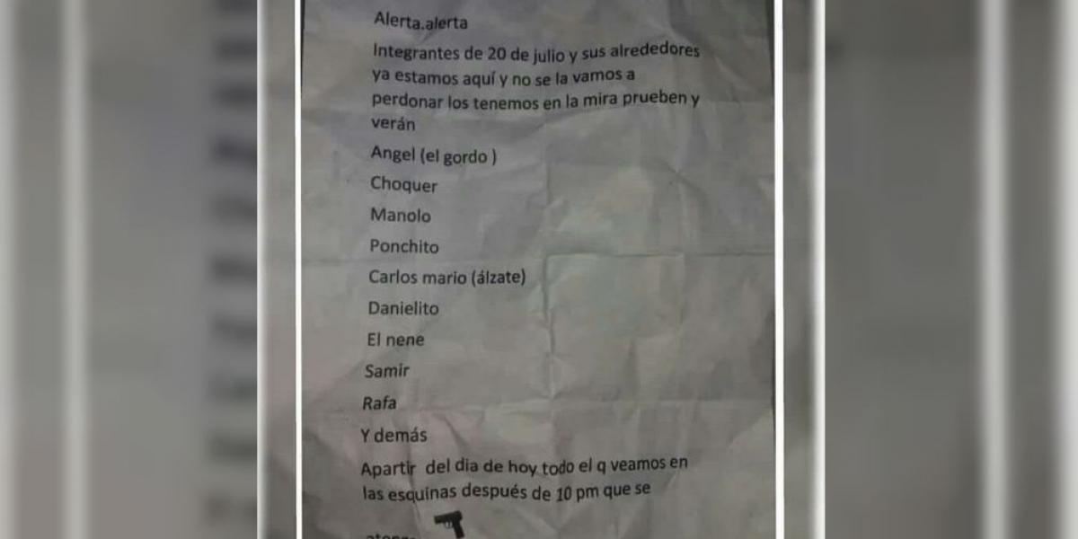 Panfleto amenazante que circula en el barrio 20 de Julio.