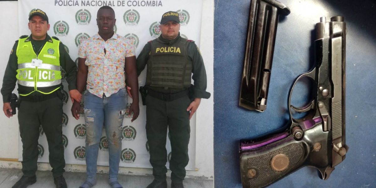 Policía de Santa Marta Róbinson Banguera Banguera fue capturado por porte ilegal de armas y lesiones personales.