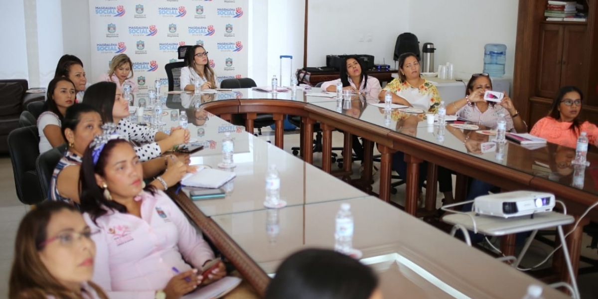 enlaces de género de varios municipios se reunieron en la sala de juntas del Palacio Tayrona para recibir asistencia técnica de Martha Solano, asesora de la Consejería.