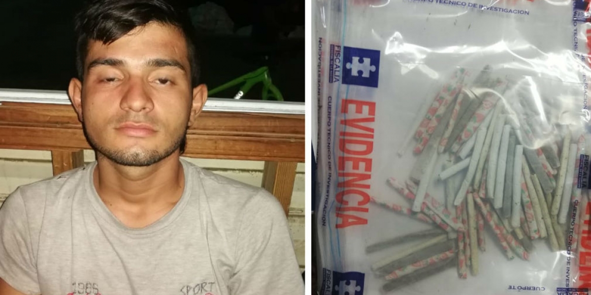 Policía de Santa Marta. el capturado Román Javier Santana Abreo y la droga incautada.