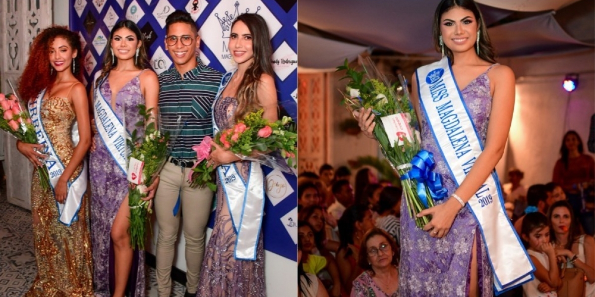 Mariana Villalobos, Miss Magdalena Virtual 2019; Camila Monsalve, Virreina; Ornella Rodgers, Princesa y Felipe Cermeño, organizador del concurso.