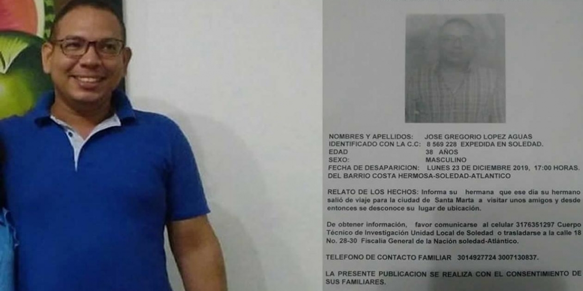 José Gregorio López Aguas y copia de la denuncia de su desaparición.