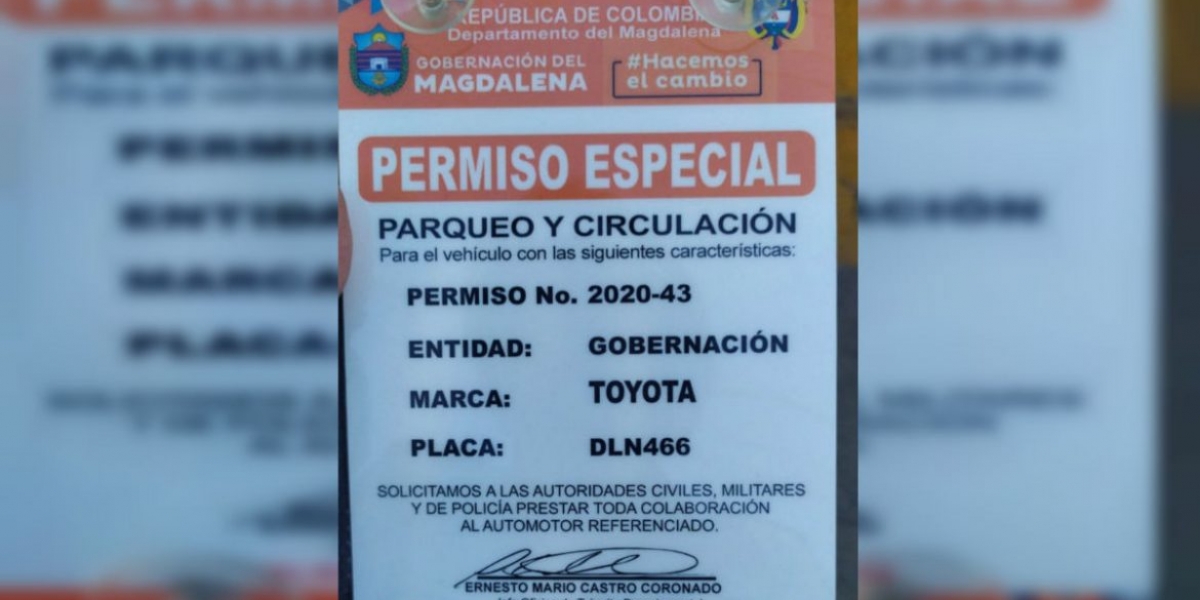 Gobernación del Magdalena Permiso de circulación y parqueo falso