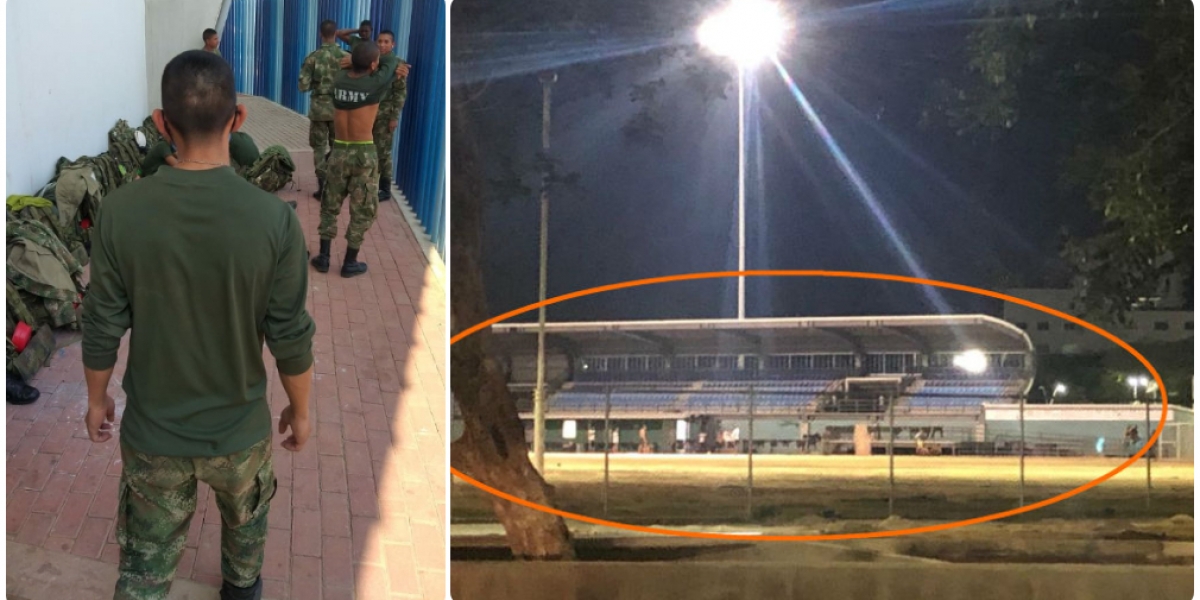 Militares acuartelados en el estadio de béisbol del Polideportivo.