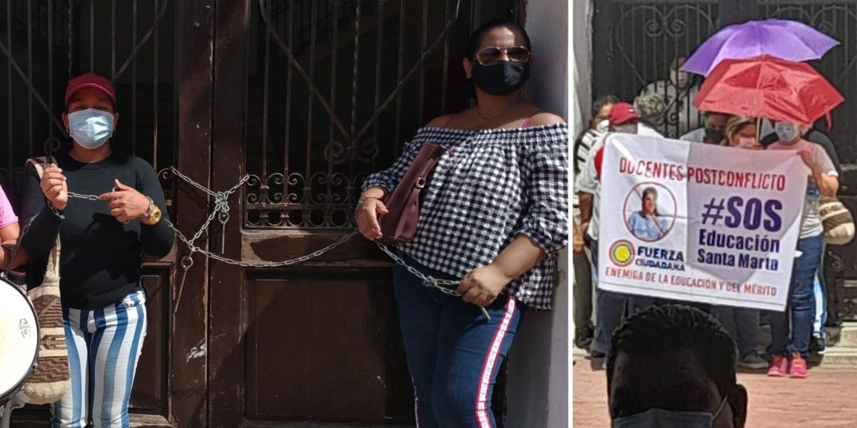 Protesta de los docentes en las puertas de la Alcaldía de Santa Marta.