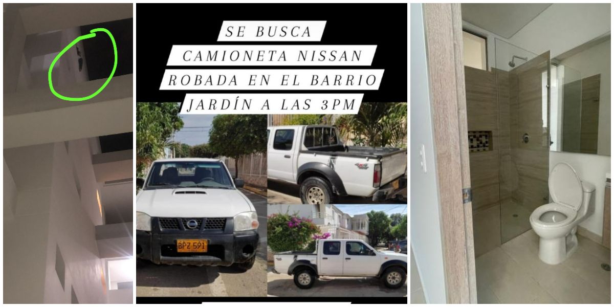 En el medio la camioneta hurtada. A la izquierda, el hombre tratando de escapar del baño. A la derecha un ejemplo del baño donde fue amordazado. 