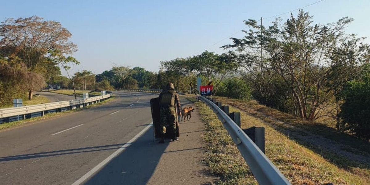 Soldados desactivando explosivo del ELN. 