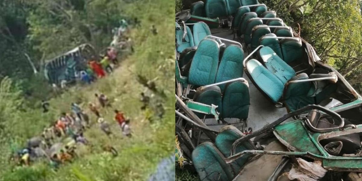 Así quedó el bus tras la estrepitosa caída.