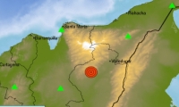 El punto rojo muestra el epicentro del sismo ocurrido esta madrugada en el Cesar.