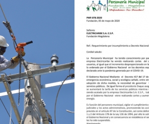 La Personería Municipal se pronunció por los cortes de energía por parte de Electricaribe.