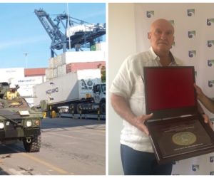 Durante la visita de inspección de los vehículos, el general Zapateiro recibió un reconocimiento del Puerto.