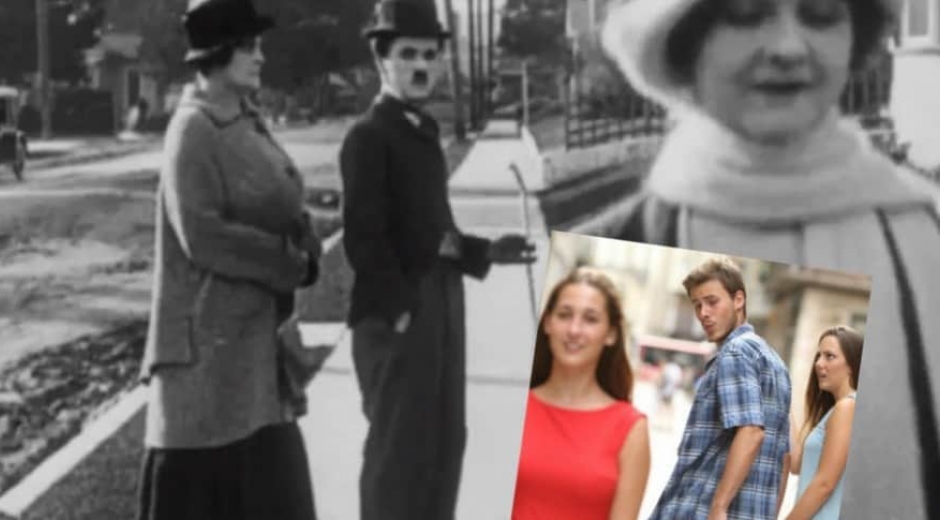 Charles Chaplin en un cortometraje que podría ser el precursor del conocido meme.