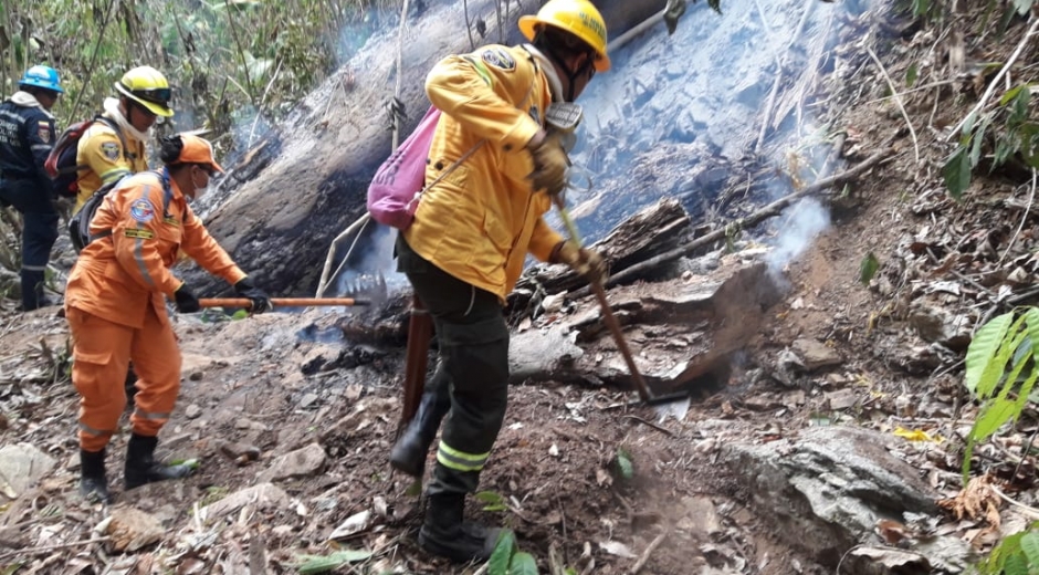  Unidades de las Defensa Civil y Bomberos controlan punto  de propagación de las llamas.