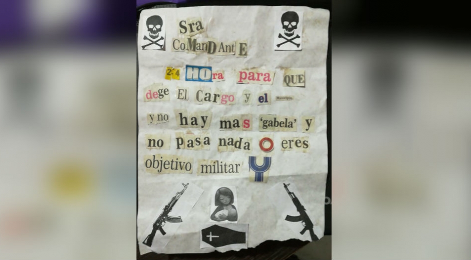 Panfleto amenzante contra la comandante Angélica Curvelo.