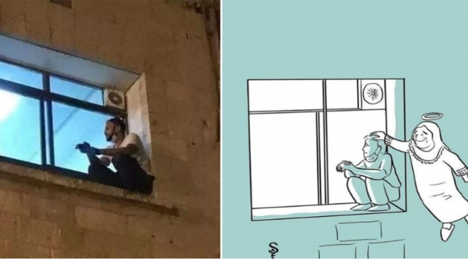 Imagen de Jihad junto a la ventana y caricatura. Cortesía.