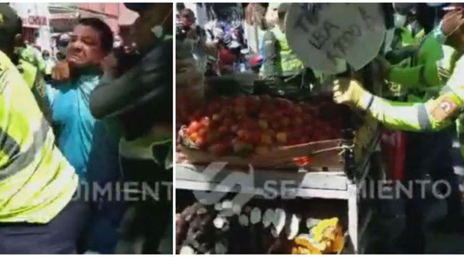 Momento en que Jhon Mallorquín trata de forcejear para recuperar la carretilla.