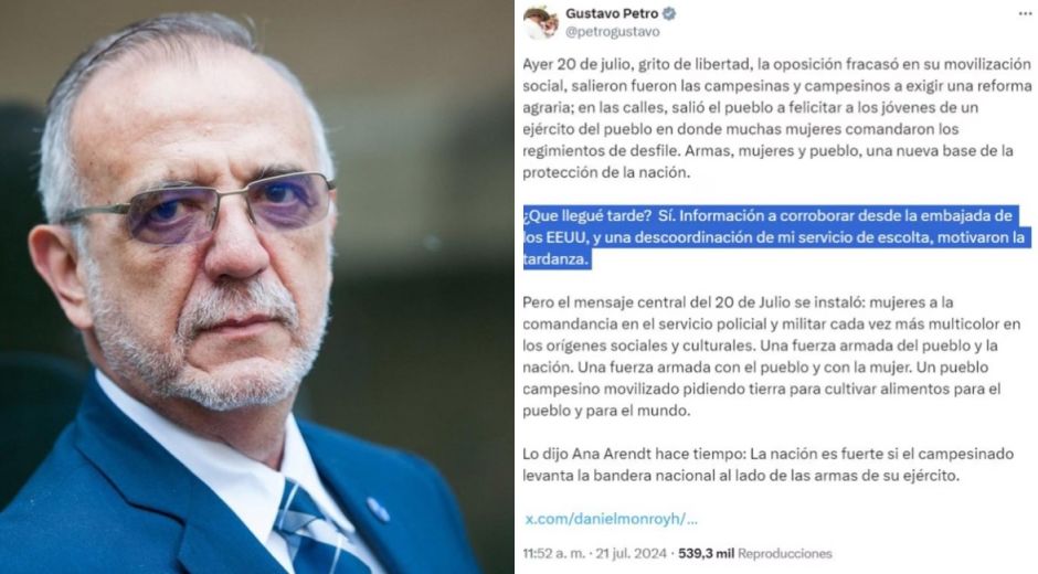 El ministro de Defensa, Iván Velásquez, confirmó el 8 de agosto la existencia de un plan para atentar contra la vida del presidente Gustavo Petro, durante la jornada del 20 de julio, cuando el mandatario participaba en las actividades del Día de la Independencia. 