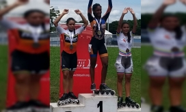  Andrea Paola Bolaños (der) obtuvo bronce en el campeonato de patinaje en categoría mayores.