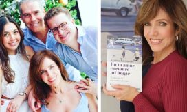 La escritora Marisa Lacouture con su familia, presenta su libro.