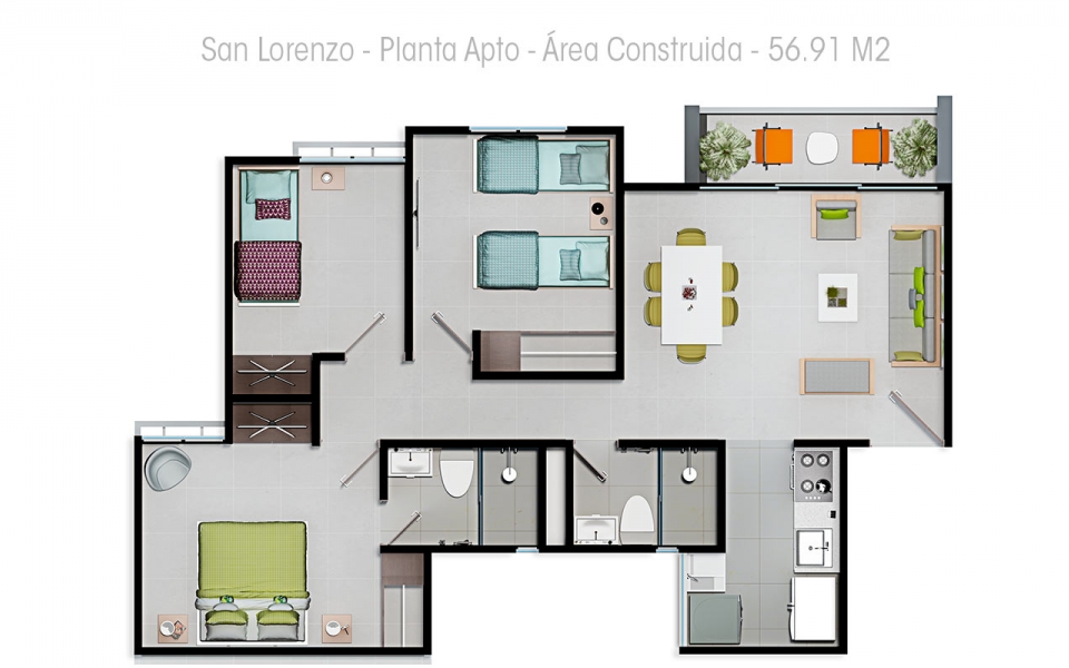 Plano de apartamento con un área cercana a los 57 metros cuadrados.