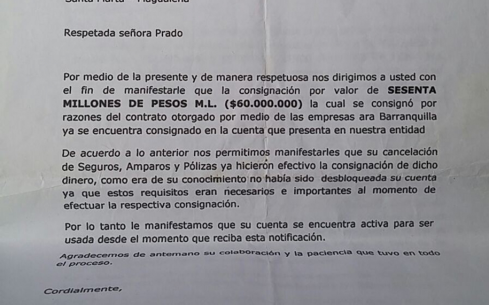 Documento falso del Banco Davivienda donde se certifica la consignación a su cuenta.